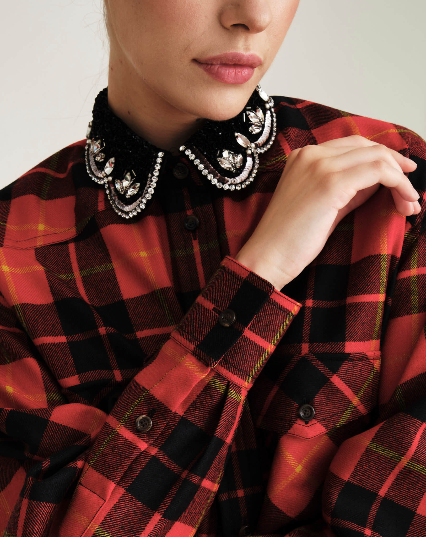 Gucci - Beaded Collar Check Red Shirt IT40 -OVERSIZE